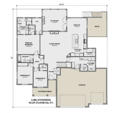 Main floor plan drawing with 3BR, 2BA, living room, sun room, kitchen, pantry, Ldry, WICs, garage, deck, and covered porch. House Plan # 7140-00050
