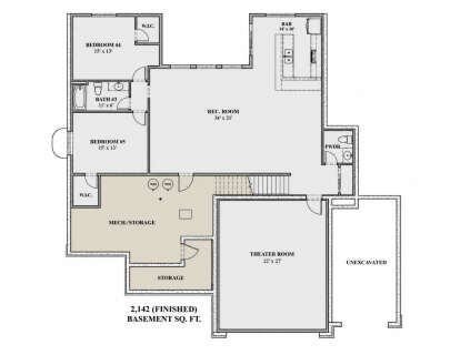 Basement floor plan drawing with 2BR, 1BA, powder room, rec room, bar, theater room, WIC, stairs, and storage areas. House Plan # 7140-00050