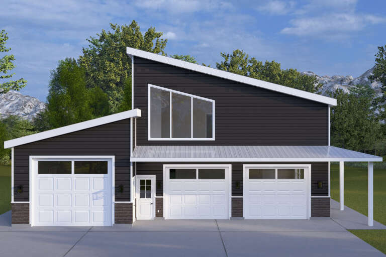 Front view of a black house in Barndominium style, shed roof, three white garage doors, and metal porch roof. House Plan # 2802-00587