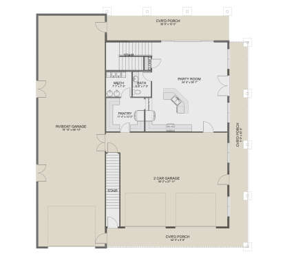 Floor plan drawing with party room, kitchen, pantry, 1BA, mech room, RV/boat garage, 2-car garage, stairs, and porches. House Plan # 2802-00587