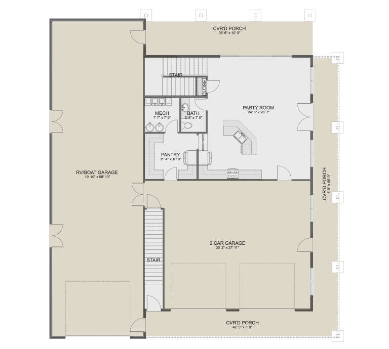 Floor plan drawing with party room, kitchen, pantry, 1BA, mech room, RV/boat garage, 2-car garage, stairs, and porches. House Plan # 2802-00587