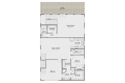 Floor plan drawing with 2BR, bunk room, 3BA, 2 Ldry, family room, kitchen, WIC, closet, stairs, and large deck. House Plan # 2802-00587