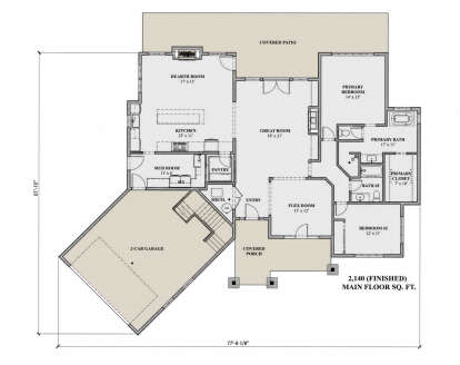 Main floor plan drawing with 2BR, 2BA, kitchen, hearth room, great room, flex room, pantry, 2-car garage, patio, porch. House Plan # 7140-00051