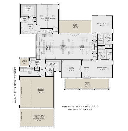 Main floor plan drawing with 3BR, 3.5BA, vaulted kitchen/dining/family, office, WIC, 3-car garage, and front/rear porches. House Plan # 940-01500