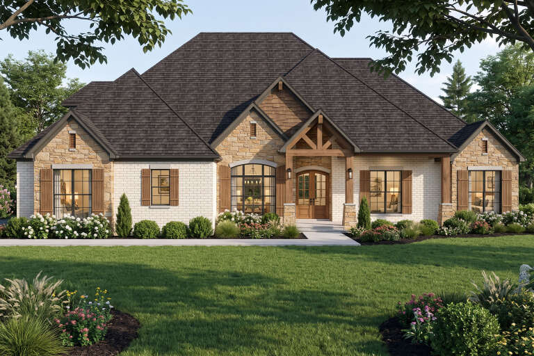 Front view of a white brick and stone Craftsman house, timber porch, dark shutters, and a large dark shingled roof. House Plan # 8318-00510