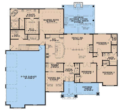 Main floor plan drawing with 4BR, 2.5BA, great room, kitchen, pantry, 3-car garage, vaulted ceilings, and covered porches. House Plan # 8318-00510
