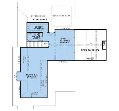 Upper-floor plan drawing with bonus room, loft, 1BA, closet, attic space, stairs, and open-to-below area with vaulted ceiling. House Plan # 8318-00510
