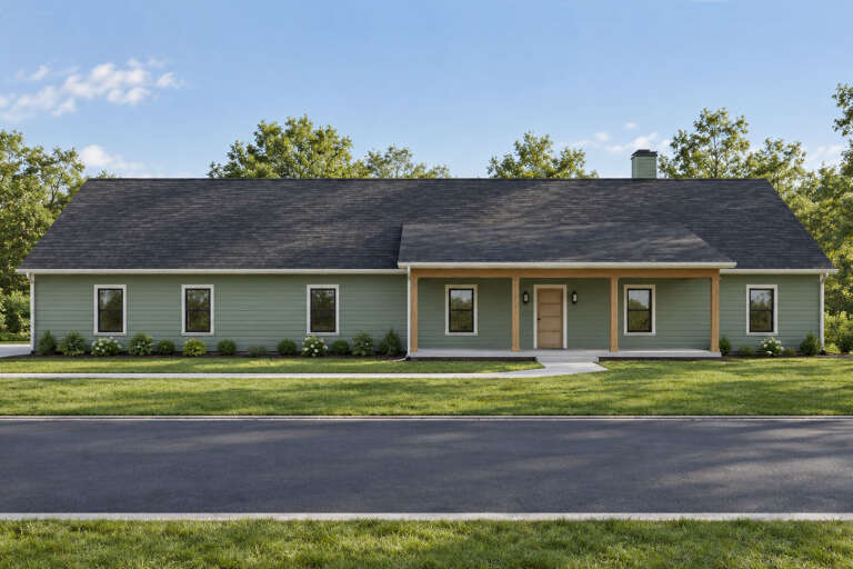 Front view of a sage green house in Modern Farmhouse style, covered porch, wood posts, black windows, and gabled roof. House Plan # 8318-00511