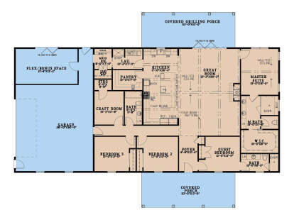 Main floor plan drawing with 4BR, 3BA, great room, kitchen, pantry, craft room, flex space, 3-car garage, and 2 porches. House Plan # 8318-00511