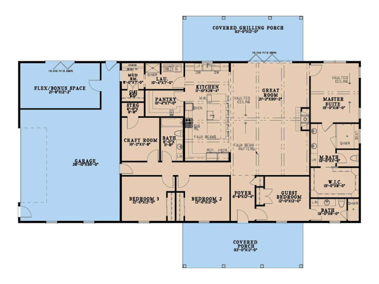 Main floor plan drawing with 4BR, 3BA, great room, kitchen, pantry, craft room, flex space, 3-car garage, and 2 porches. House Plan # 8318-00511