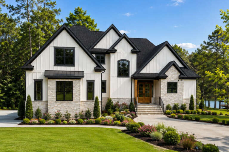 Front view of a white house, board-and-batten siding, stone veneer base, black roof, dark windows, and wood front door. House Plan # 6102-00017
