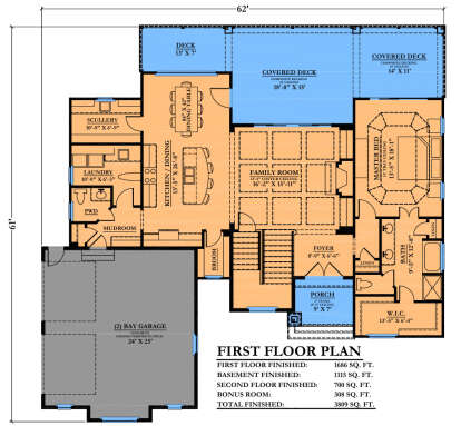 First-floor plan drawing with 1BR, 1.5BA, kitchen, scullery, family room, 2-car garage, deck, covered deck, and porch. House Plan # 6102-00017