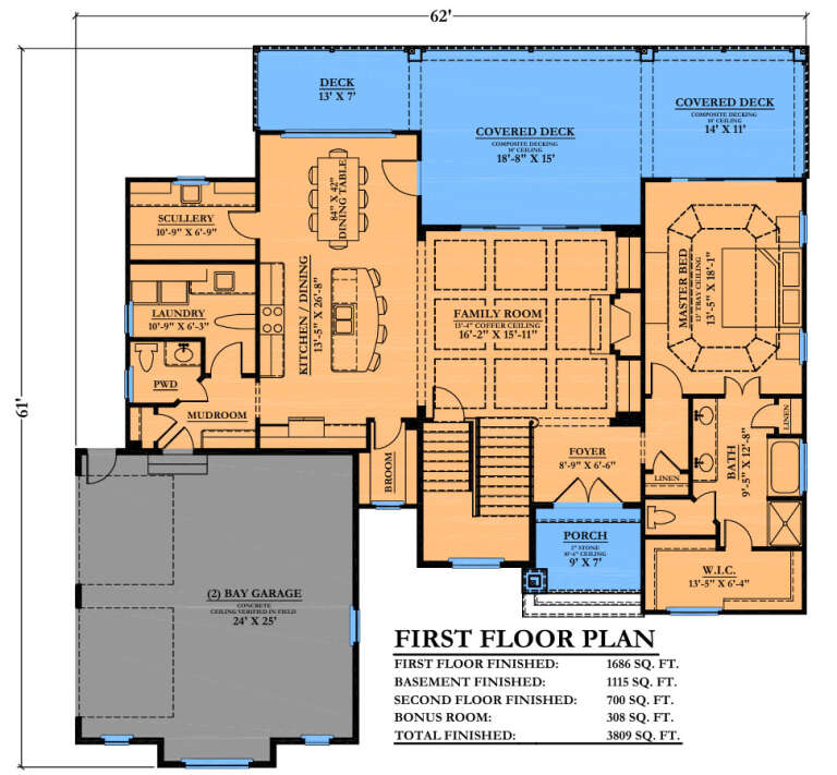 First-floor plan drawing with 1BR, 1.5BA, kitchen, scullery, family room, 2-car garage, deck, covered deck, and porch. House Plan # 6102-00017