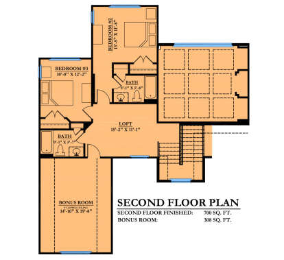Second-floor plan drawing with 2BR, 2BA, loft, bonus room with clipped ceiling, and stairs. House Plan # 6102-00017