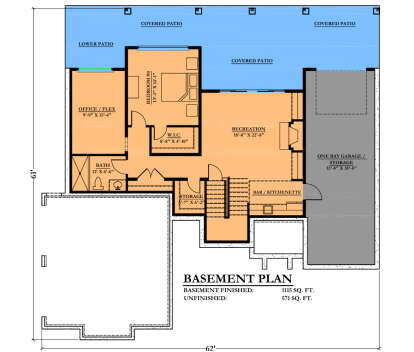 Basement floor plan drawing with 1BR, 1BA, rec room, kitchenette, WIC, storage, 1-car garage, and covered patio. House Plan # 6102-00017