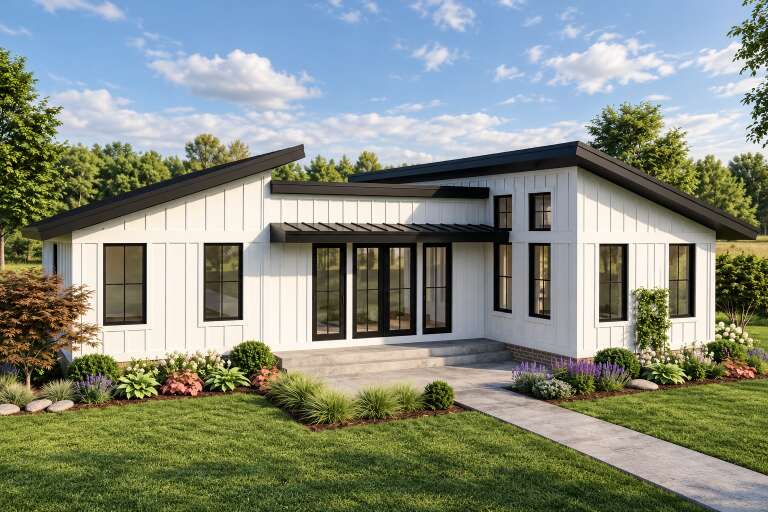 Angled front view of a white house in Cottage style, vertical siding, black roof, metal awning, and lush landscaping. House Plan # 3290-00011