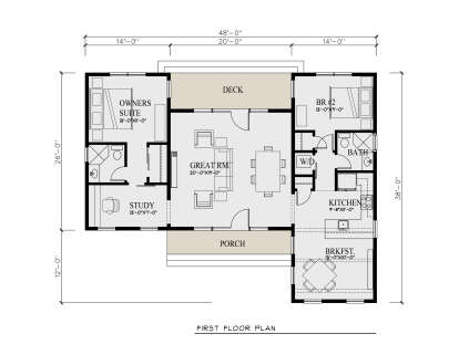 First-floor plan drawing with 2BR, 1BA, study, great room, kitchen, Brkfst, Ldry, deck, and porch. House Plan # 3290-00011