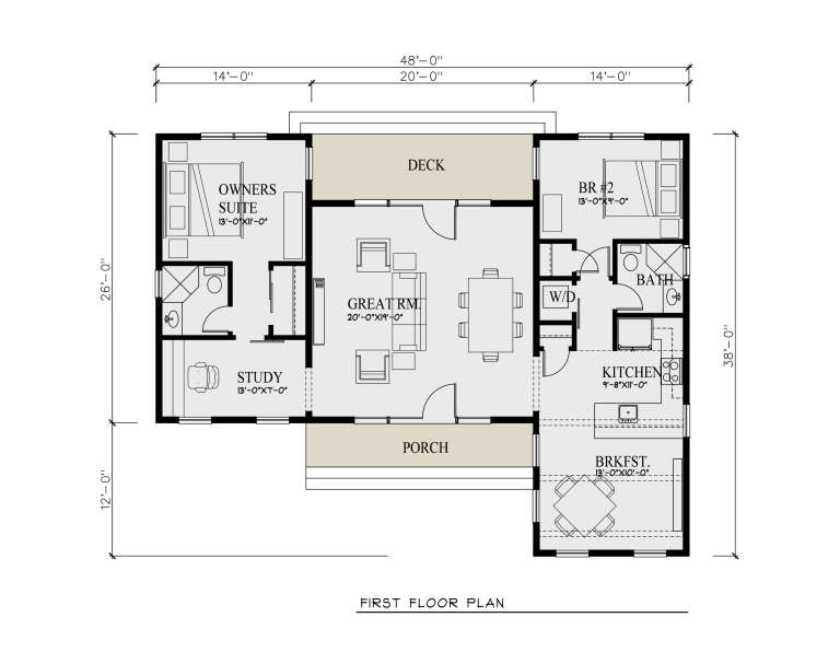 First-floor plan drawing with 2BR, 1BA, study, great room, kitchen, Brkfst, Ldry, deck, and porch. House Plan # 3290-00011