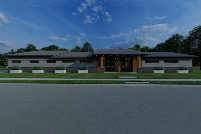 Front view of a gray Barn style house, brick base, wood accents, low-pitched roof, horizontal windows, and planters. House Plan # 7140-00052