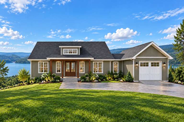 Front view of an olive green Modern Farmhouse, board-and-batten siding, timber porch, white garage, and lakefront setting. House Plan # 1625-00005