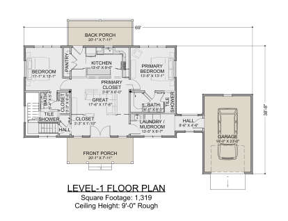 Main floor plan drawing with 2BR, 2BA, great room, kitchen, pantry, Ldry/mudroom, 1-car garage, front and back porches. House Plan # 1625-00005