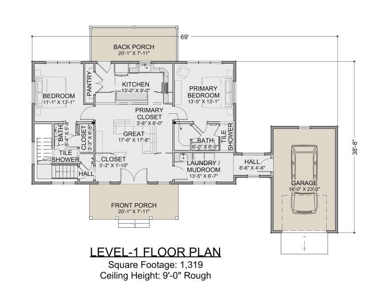 Main floor plan drawing with 2BR, 2BA, great room, kitchen, pantry, Ldry/mudroom, 1-car garage, front and back porches. House Plan # 1625-00005