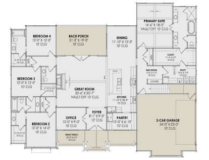 Main floor plan drawing with 4BR, 3.5BA, great room, office, kitchen, pantry, mudroom, 2-car garage, porches, vaulted clg. House Plan # 7983-00217