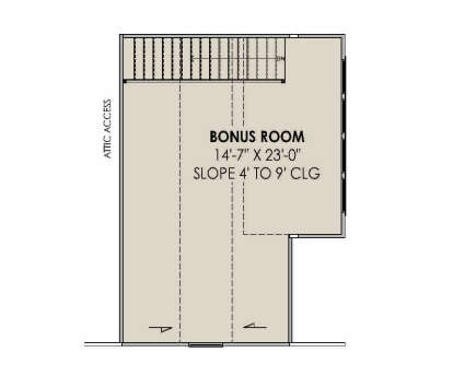 Bonus-room floor plan drawing with bonus room, stairs, attic access, and sloped 4' to 9' ceilings. House Plan # 7983-00217