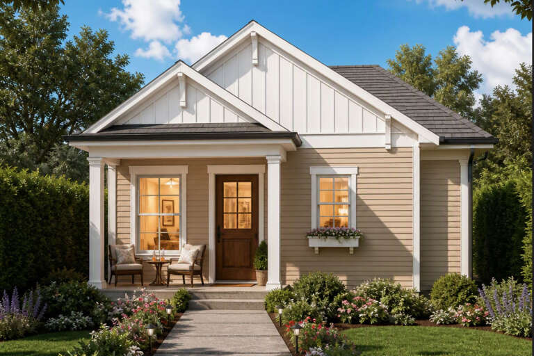 Front view of a tan house in Cottage style, white board-and-batten gables, covered porch, and flower box. House Plan # 8292-00063