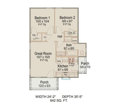 Floor plan drawing with 2BR, 1BA, great room, kitchen, Ldry, 2 closets, and 2 porches. House Plan # 8292-00063