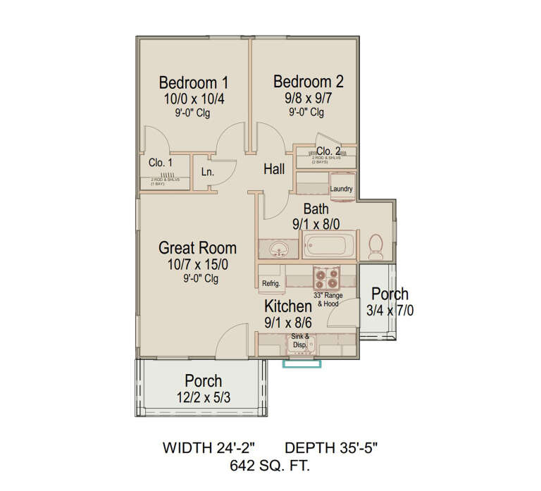 Floor plan drawing with 2BR, 1BA, great room, kitchen, Ldry, 2 closets, and 2 porches. House Plan # 8292-00063