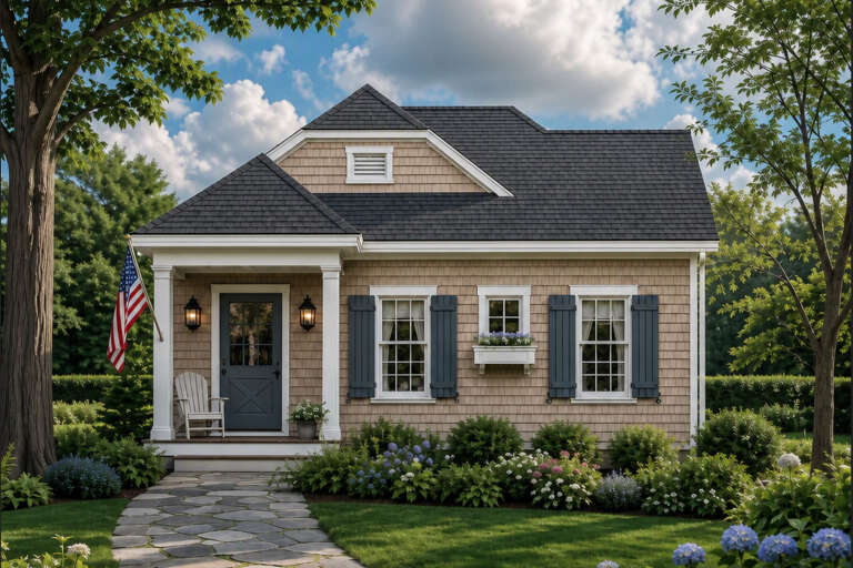 Front view of a tan Cottage house, shingle siding, blue shutters, covered porch, stone walkway, and lush landscaping. House Plan # 8292-00064