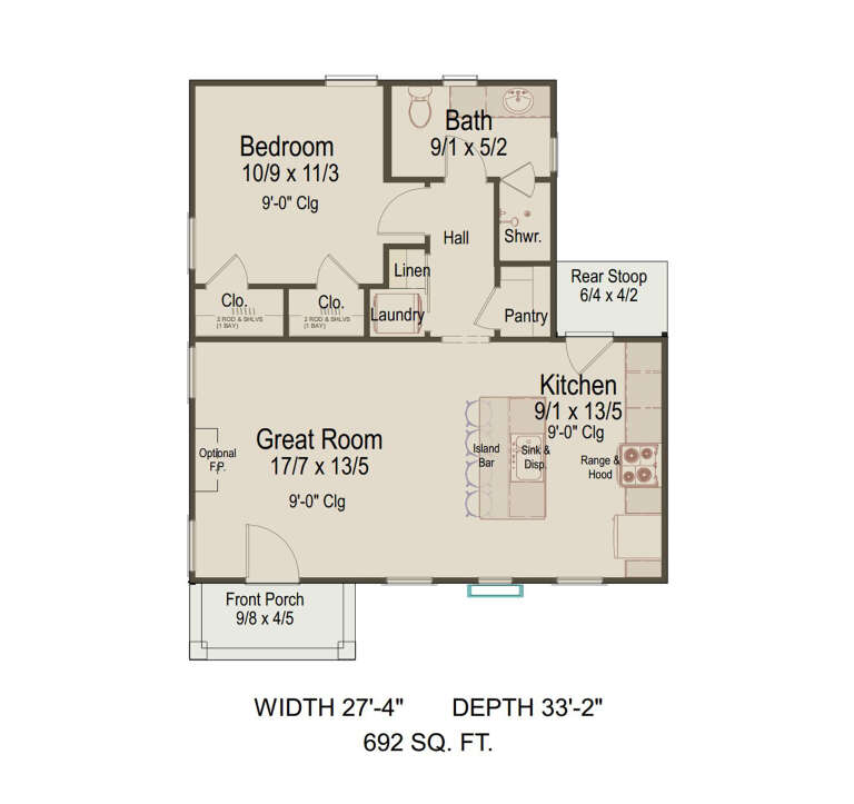 Main floor plan drawing with 1BR, 1BA, great room, kitchen, island, pantry, Ldry, optional F.P., front porch, rear stoop. House Plan # 8292-00064
