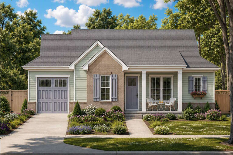 Front view of a sage green Traditional house, brick accent, grey shutters, covered porch, and lush landscaping. House Plan # 8292-00065