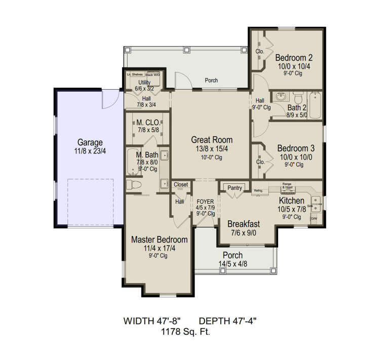 Main floor plan drawing with 3BR, 2BA, great room, kitchen, Brkfst, pantry, utility, WIC, 1-car garage, and 2 porches. House Plan # 8292-00065