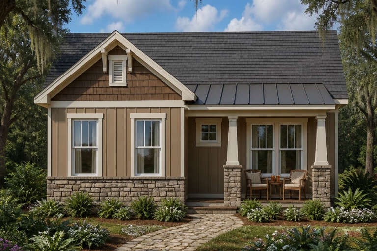 Front view of a tan house in Cottage style, stone base, board-and-batten siding, metal roof accents, and front porch. House Plan # 8292-00066