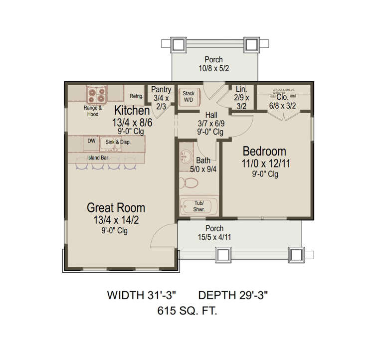 Floor plan drawing with 1BR, 1BA, great room, kitchen, pantry, laundry, walk-in closet, and two porches. House Plan # 8292-00066