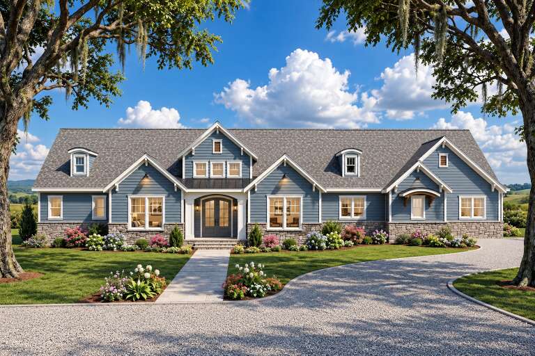 Front view of a blue house, stone base, gabled roof, dormer windows, covered entry, and lush landscaped front yard. House Plan # 8292-00067