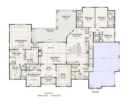 Main floor plan drawing with 5BR, 4BA, great room, study, music room, outdoor living, pantry, utility, and tray ceilings. House Plan # 8292-00067