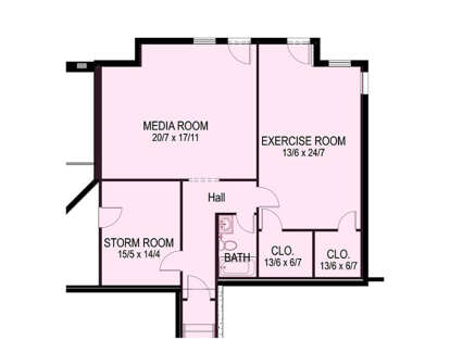 Basement floor plan drawing with media room, exercise room, storm room, 1BA, 2 closets, and stairs. House Plan # 8292-00067