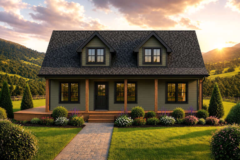 Front view of an olive green house in Modern Farmhouse style, wood porch, dual dormers, and black window frames. House Plan # 035-01247