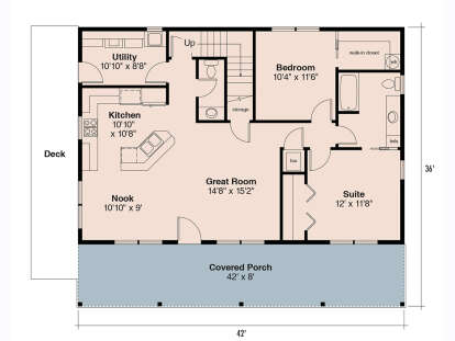 Main floor plan drawing with 2BR, 2BA, kitchen, nook, great room, utility, WIC, stairs, deck, and covered porch. House Plan # 035-01247