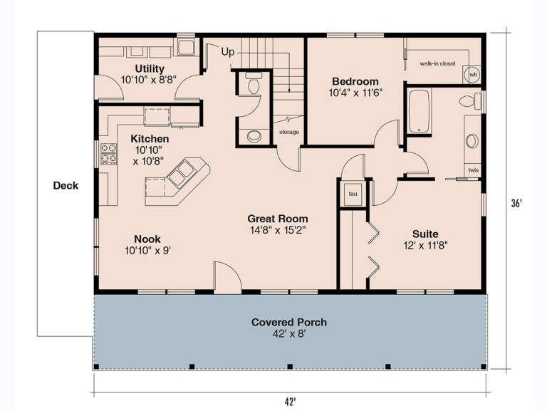 Main floor plan drawing with 2BR, 2BA, kitchen, nook, great room, utility, WIC, stairs, deck, and covered porch. House Plan # 035-01247