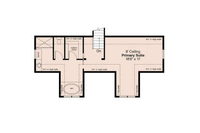Second floor plan drawing with primary suite, BA, WIC, spa tub, stairs, and 8' ceilings with 6'4" high walls. House Plan # 035-01247
