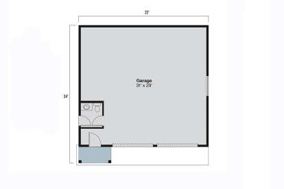 Detached Garage floor plan drawing with large garage space, half bath, and covered porch. House Plan # 035-01247