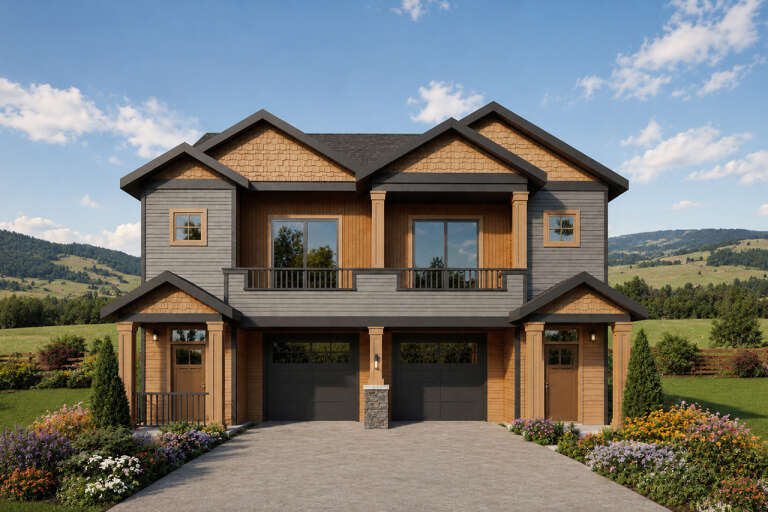 Front view of a grey and wood-toned house, dual garages, upper balcony, shingle gables, and colorful front landscaping. House Plan # 035-01248