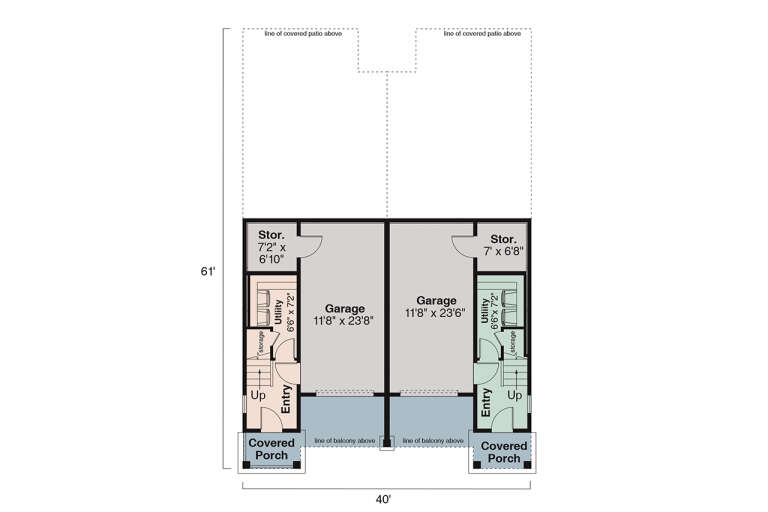 First-floor plan drawing with 2 garages, 2 entries, 2 utility rooms, storage, stairs, and 2 covered porches. House Plan # 035-01248