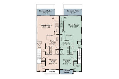 Main floor plan drawing with 2 units, each with 1BR, 1BA, great room, kitchen, WIC, stairs, covered patio, and balcony. House Plan # 035-01248