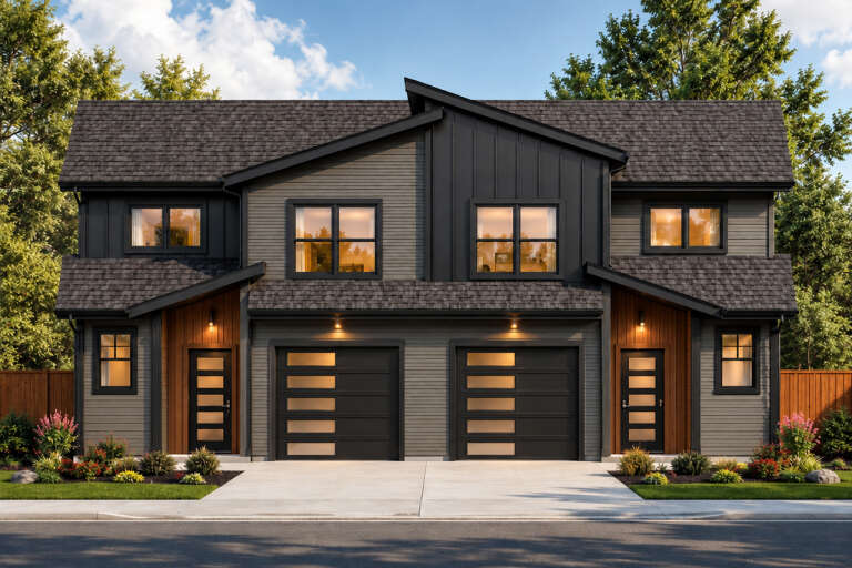 Front view of a grey Modern house, vertical and horizontal siding, two garages, wood accents, and black window frames. House Plan # 035-01249