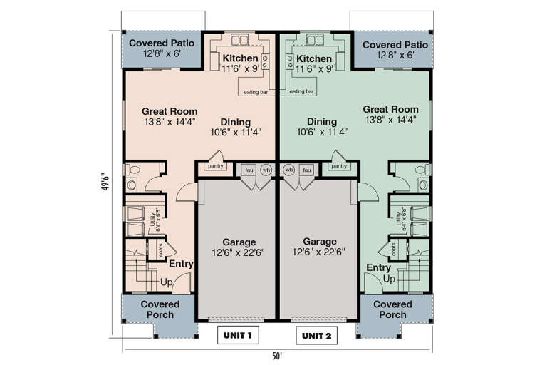 Main floor plan drawing with 2 mirrored units, each 1BA, great room, kitchen, pantry, utility, garage, and covered porches. House Plan # 035-01249